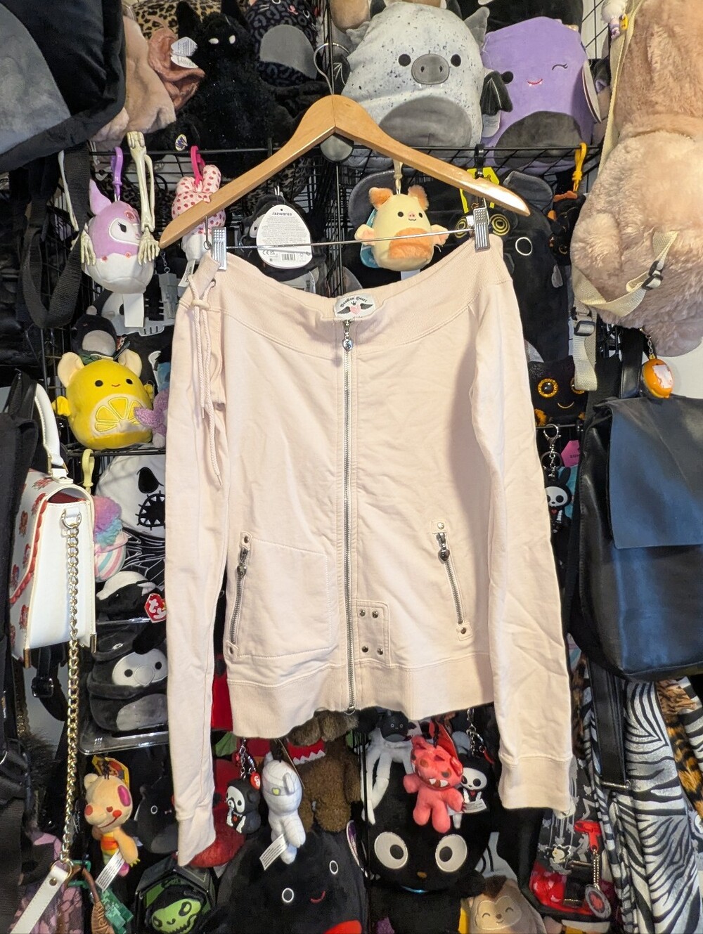 Y2K Off Shoulder Zip Up Hoodie Cream Heart Zip Sweater McBling Coquette
